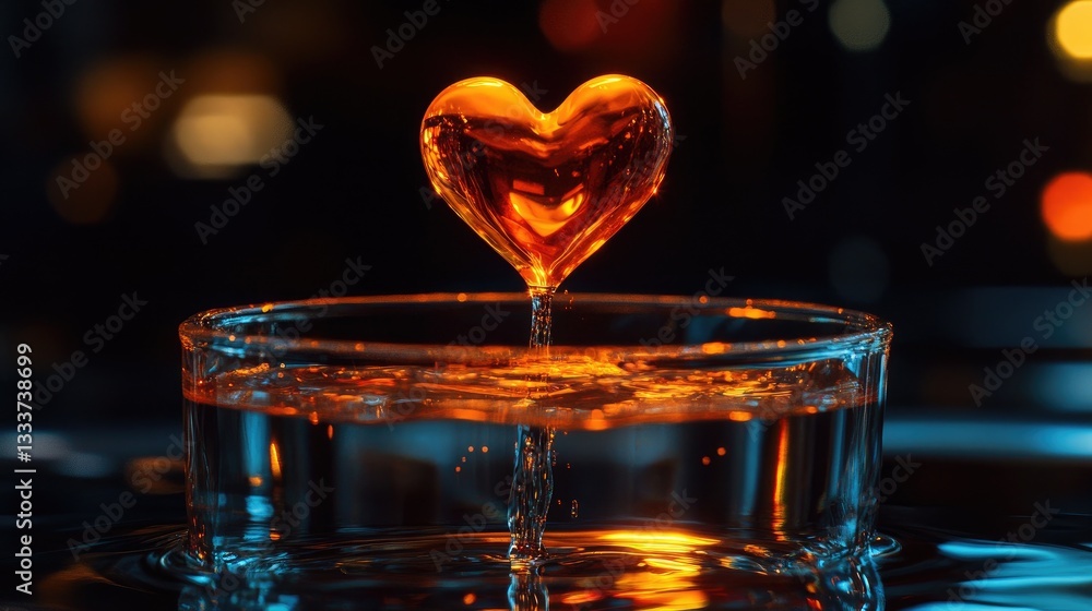 Poster glowing orange heart shaped drop falling into clear water creating ripples in a circular glass conta