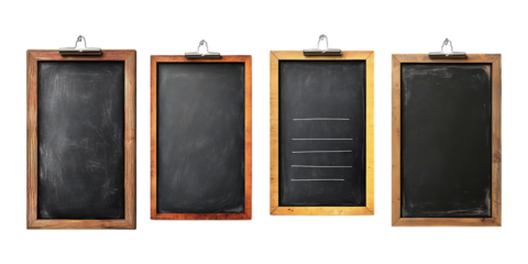 A set of four blank wooden framed chalkboards hangs ready for custom messages or educational content display against white.