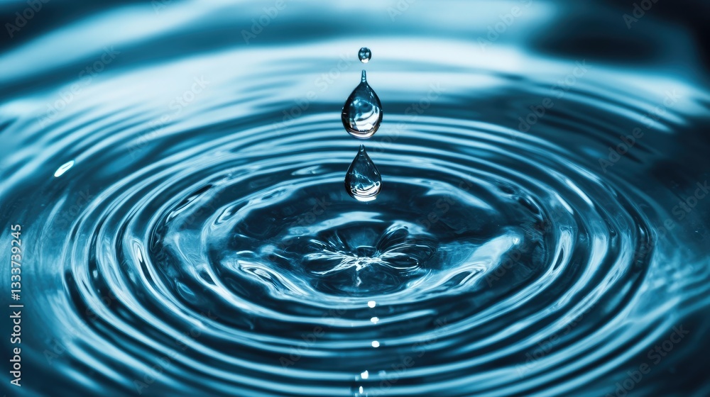 Aufkleber close-up of water droplet causing ripples in calm blue water surface with reflection and circular pa