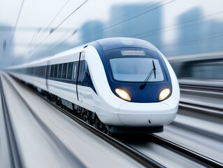 Fototapeta premium High speed futuristic train traveling through cityscape symbolizing advanced transportation technology, innovation, and eco friendly travel solutions