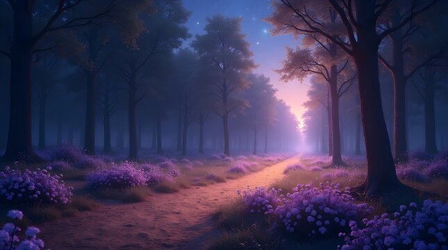 Dreamy Purple Forest Night Scene - Powered by Adobe