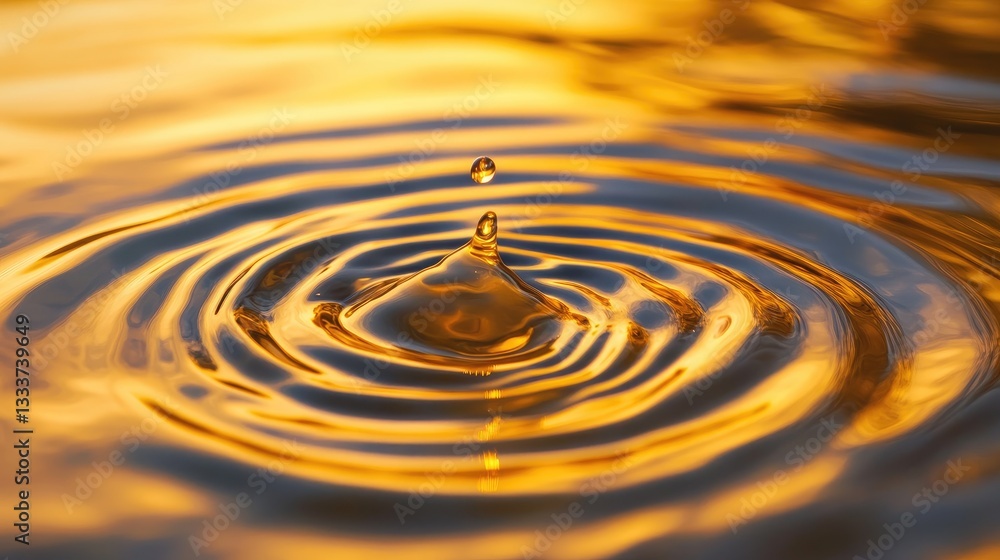 Poster golden water ripple with droplet creating circular waves in sunlight reflection on calm surface