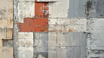 Close-up shot of a wall composed of various rectangular panels of weathered concrete and metal.  The panels exhibit variations in color, ranging from light grey and off-white to rust-orange. The