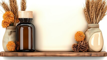 Autumnal Still Life with Amber Bottle and Orange Flowers on Wooden Shelf