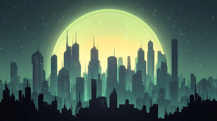 Futuristic city skyline at night with glowing moon, showcasing vibrant architecture and serene atmosphere