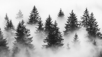 Naklejka premium Misty Mountaintop Forest: Enchanting Black and White Photography of Evergreen Trees Shrouded in Fog