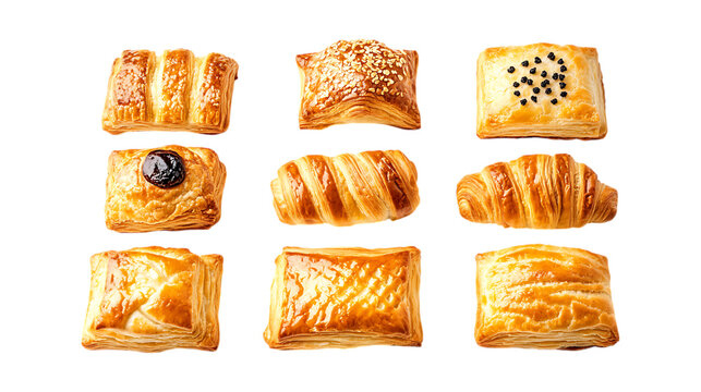 Assortment of golden brown baked puff pastry snacks including croissants and turnovers arranged for bakery advertising display. - Powered by Adobe