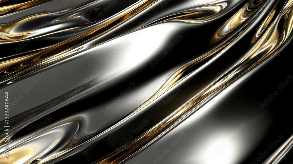 Poster smooth metallic waves with glossy surface and shiny golden highlights