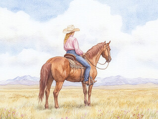 Obraz premium A Cowgirl on a Horse in a Scenic Landscape