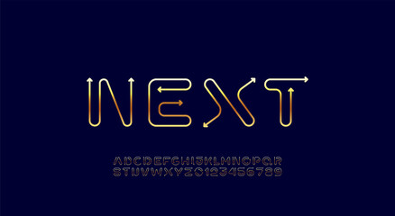 Obraz premium Golden alphabet, font from gold arrow, bright letters and numbers made in linear style