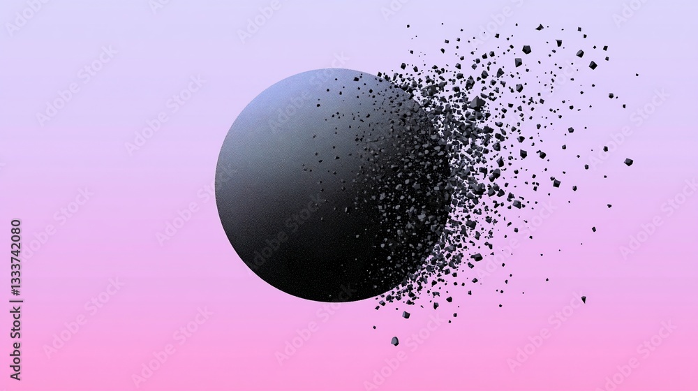 Fototapete fragmenting sphere rendering, abstract dark orb scattering into small pieces