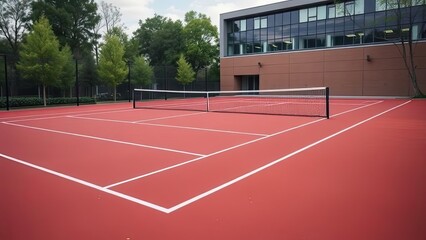 Red Tennis Court Outdoors Near Modern Building