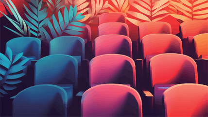 Obraz premium The image is a stylized digital illustration depicting rows of empty theater seats. The seats are rendered in a gradient of blue and pink/red hues, creating a visually striking contrast. The
