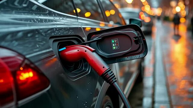 Electric vehicle charging at night with illuminated city background and wet pavement