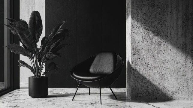 Monochromatic Interior Design: Modern Black Chair and Plant in a Minimalist Setting