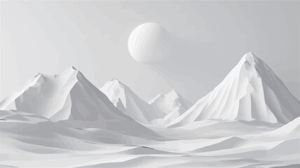The image is a digital rendering depicting a stylized mountain range in monochrome white.  The mountains are simplified in form, almost geometric, with smooth surfaces and soft, rounded peaks.  A