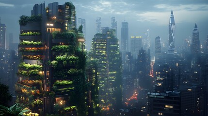 Obraz premium Futuristic City at Dawn Green Towers and Misty Skyline