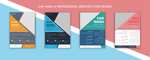 Vector layout design with car for car wash service. Adapt to poster, flyer or banner. A4 size.