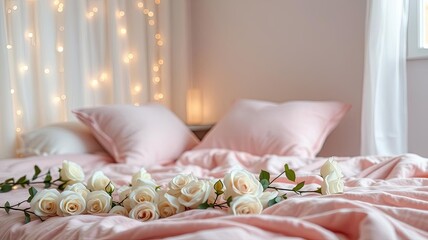 Romantic Bedroom Decor Pink Bedding Roses Fairy Lights