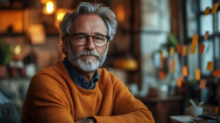 Fototapeta premium Confident senior professor sitting with crossed arms in university office