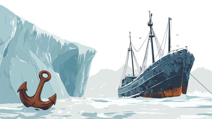The illustration depicts a dark-blue, aged ship, appearing weathered and possibly abandoned, situated in icy waters.  A large iceberg is visible to the left, with a rusty anchor prominently