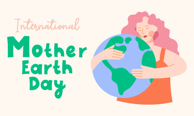 World Earth Day horizontal banner. Girl hugs our planet