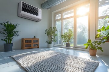 Modern Sunlit Living Room with Air Conditioner and Indoor Plants for Relaxation