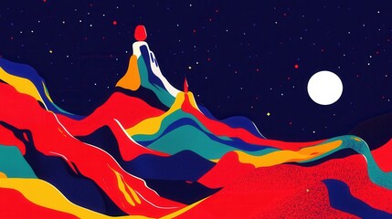 Obraz premium Night's Serene Embrace Colorful Mountain Landscape Under the Moonlit Sky