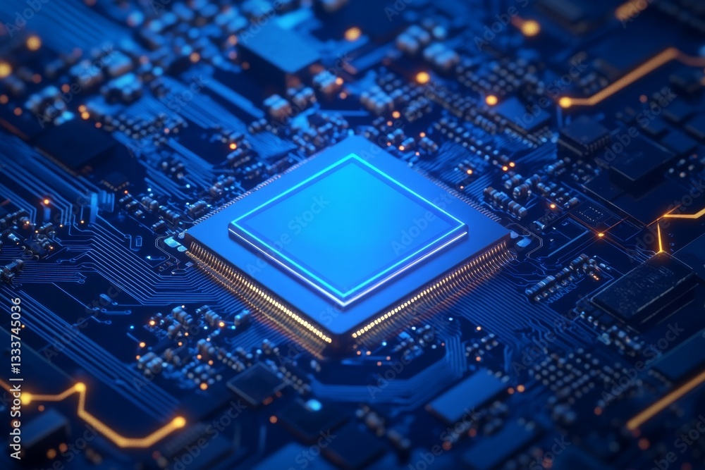 Poster close-up view of a central processing unit (cpu) on a circuit board, highlighted with glowing blue a