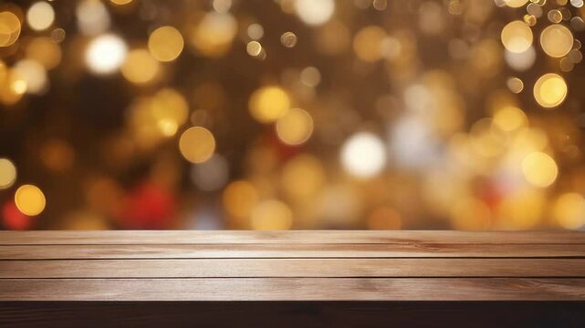 Festive warm lighting with glowing string lights creating a cozy ambiance, wooden table in the foreground, ideal for holiday celebrations or presentations.