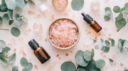 Pink Himalayan Salt and Eucalyptus Essential Oils Flat Lay