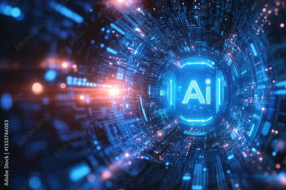 Poster futuristic digital ai interface with glowing blue circuits and technology elements, cyber network vi