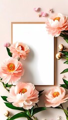 Delicate pink peonies surround a blank postcard, creating a serene and inviting space for creative expression. The floral arrangement radiates warmth and charm Generative AI