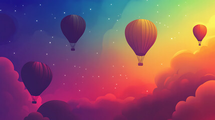 Fototapeta premium Colorful hot air balloons floating in a vibrant sunset sky, surrounded by fluffy clouds and stars