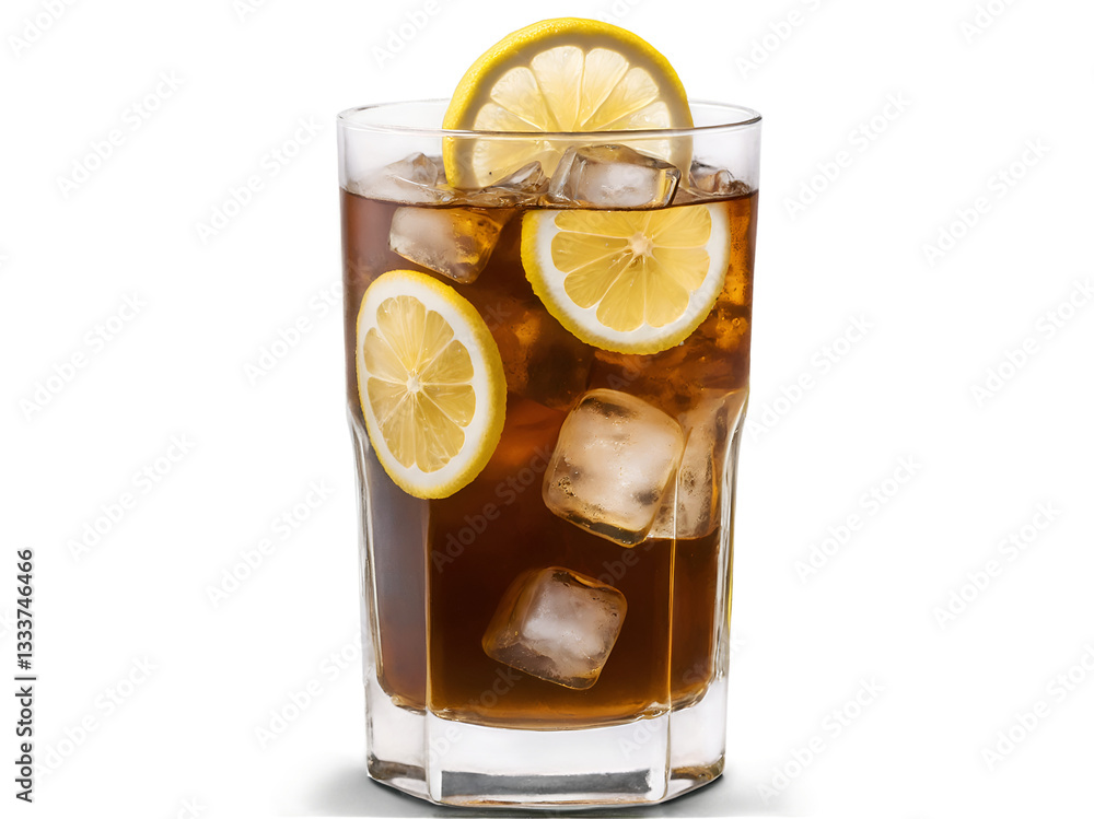 Poster refreshing iced tea with lemon slices and ice cubes on a black backdrop
