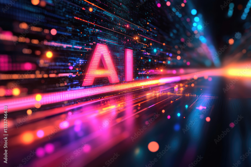 Poster neon glowing ai sign,designation, typography in a futuristic digital environment,symbolizing artific