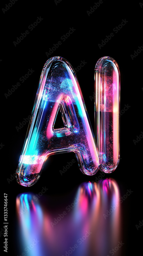 Poster neon glowing ai sign,designation, typography in a futuristic digital environment,symbolizing artific