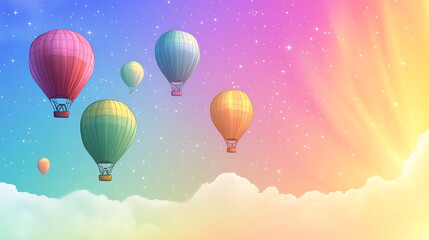 Naklejka premium Colorful hot air balloons soaring through a pastel sky with stars and clouds during sunset