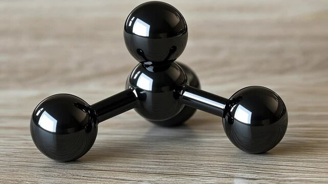 Black molecular model on a wooden surface demonstrating atomic structure in a scientific setting