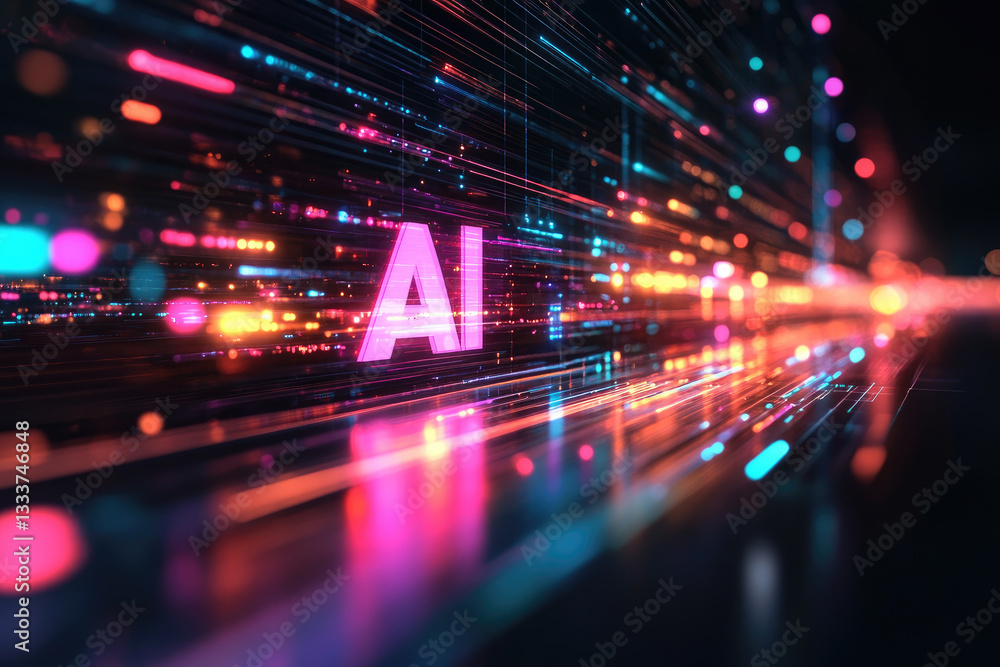 Poster neon glowing ai sign,designation, typography in a futuristic digital environment,symbolizing artific