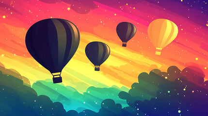 Obraz premium Colorful hot air balloons soaring through a vibrant sunset sky with clouds and stars in the background