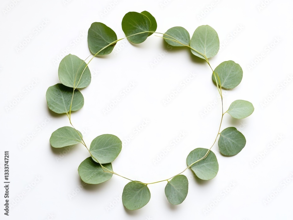 Poster circular eucalyptus leaf wreath with soft natural light on white background for creating a calming, 