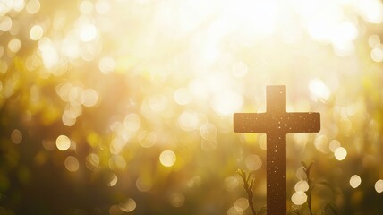 Soft, serene background with gentle bokeh lights and a glowing cross at the center, ideal for religious Easter event websites, church banners, or spiritual-themed designs.
