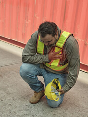 Engineer or worker suffering from chest pain, heart attack on cement wall background. Health care...