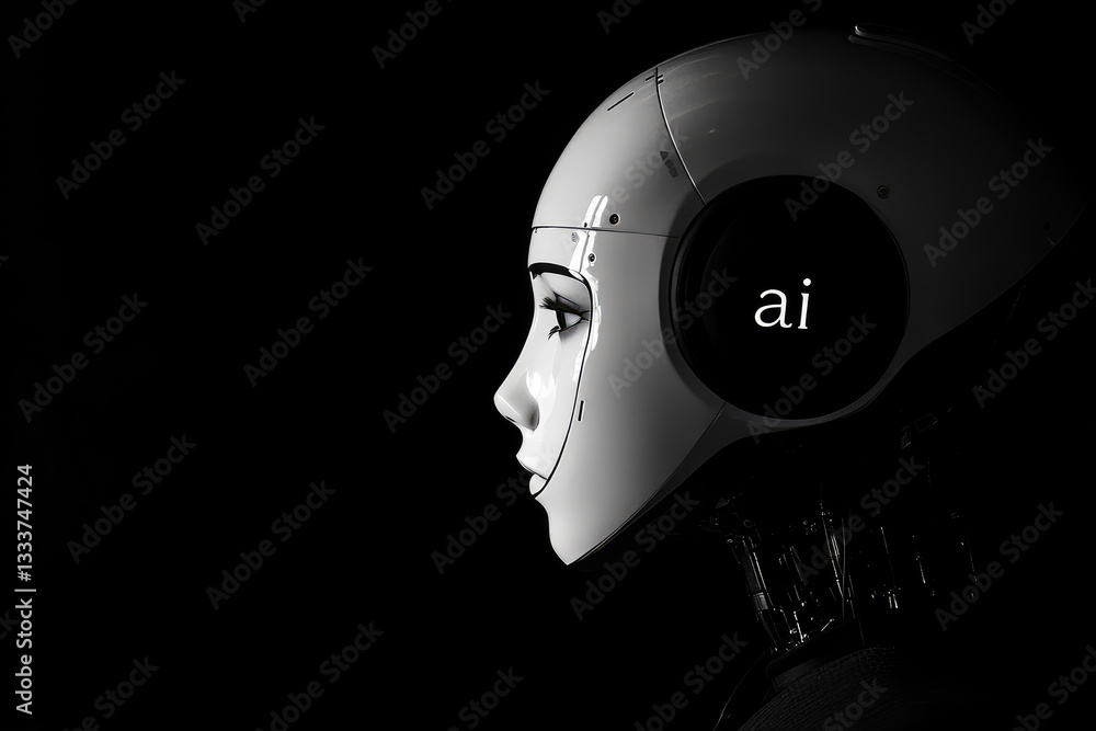 Poster cybernetic ai humanoid robot with futuristic mechanical face,artificial intelligence interface. conc