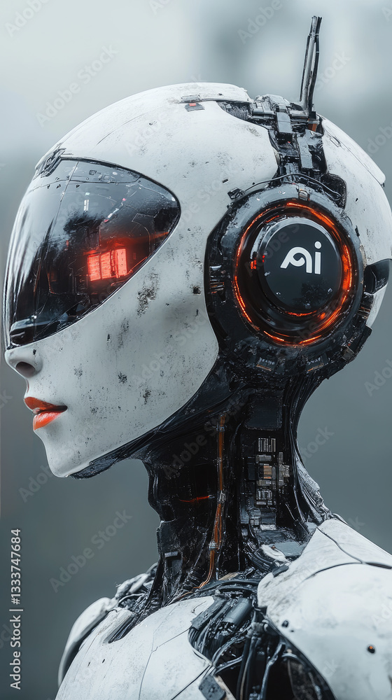 Poster close-up of a cybernetic ai humanoid robot with futuristic mechanical face,detailed metallic design,