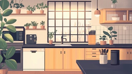 Fototapeta premium Cozy Kitchen Interior with Plants and Modern Appliances