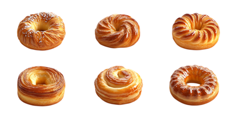 Six different shapes of golden brown baked sweet pastries are arranged for a bakery menu or food advertisement isolated on transparent background.