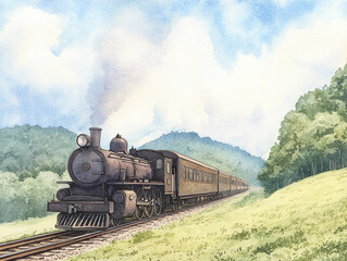 Vintage Steam Train Through Scenic Landscape Watercolor Painting