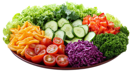 Plate of salad with fresh vegetables, colorful and healthy, isolated on white background